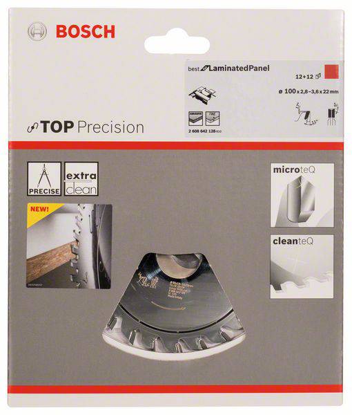 Verpackung einer Bosch Präzisions-Kreissägeklinge für Laminat, zeigt Klinge und Details wie 'extra clean', 'microteQ', 'cleanteQ'.