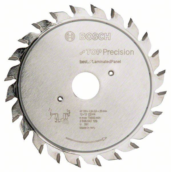 Kreissägeblatt mit Aufschrift 'BOSCH TOP Precision', geeignet für 'best LaminatedPanel'. Silber, gezahnte Kanten.