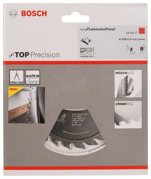 'Bosch Top Precision' Sägeblattverpackung für beschichtete Platten, mit Abbildung des Blatts und Hinweisen auf Präzision und Sauberkeit.