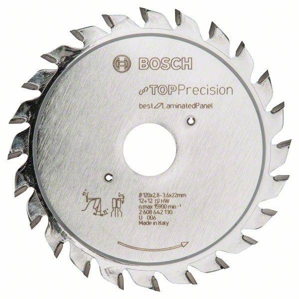 Kreissägeblatt mit Markierungen: Bosch-Logo, 'Top Precision', 'best Laminated Panel', Durchmesser und Anzahl der Zähne angegeben.