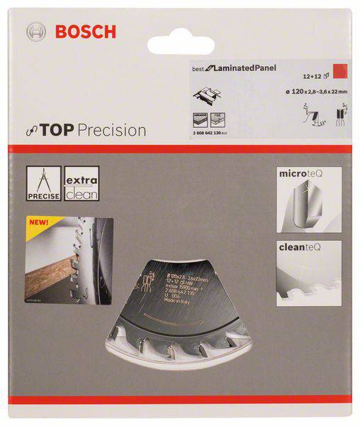 Bosch Kreissägeblatt Verpackung, Top Precision, extra sauberer Schnitt für Laminat, MicroteQ, CleanTeQ Technologien, 120x22mm.