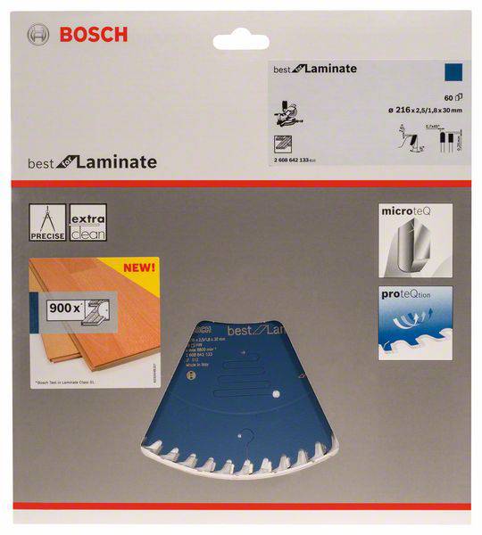 Verpackung einer Bosch-Sägeblattpackung für Laminat. Enthält 'extra clean' und 'microteQ' Technologie. Abmessungen: 216 x 2,3/1,6 x 30 mm.