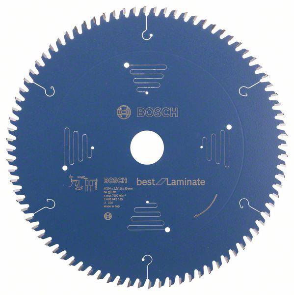 Kreissägeblatt mit 72 Zähnen, geeignet für Laminat, blau mit Bosch-Logo und 'best for Laminate'-Beschriftung, Material-Symbole.