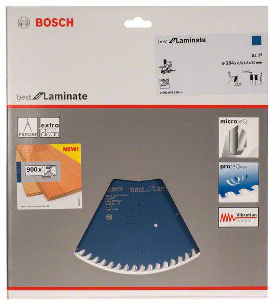 'Bosch best for Laminate' Kreissägeblatt, 254 x 30 mm, extra langlebig, geeignet für Laminat. Enthält Mikroverzahnung und Vibrationskontrolle.