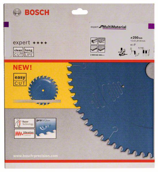 Verpackung eines Sägeblatts von Bosch. Enthält Details zu Größe, Material und Technologie, wie 'MultiMaterial' und 'easy CUT'.