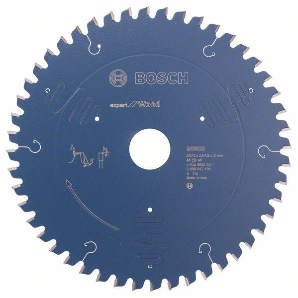 Ein blaues Sägeblatt mit 'BOSCH expert for Wood' Aufschrift. Enthält technische Spezifikationen und Pfeile, die die Drehrichtung zeigen.