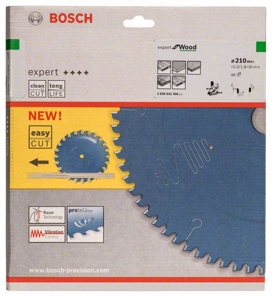 Verpackung einer Bosch-Sägeblatt für Holz mit 'easy cut'-Funktion. Details zur Größe: 210 mm Durchmesser, 48 Zähne, langlebig.