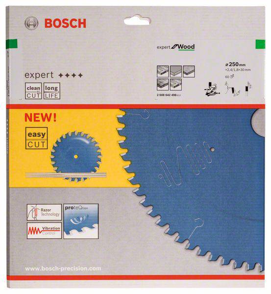 Verpackung von Bosch Sägeblatt 'Expert for Wood' mit 250 mm Durchmesser. Hervorhebung auf 'easy CUT'. Merkmale: lange Lebensdauer, saubere Schnitte.