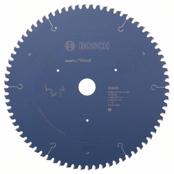 Kreissägeblatt von Bosch für Holz, Modell Expert for Wood, mit vielen Zähnen und Markenlogo in der Mitte.