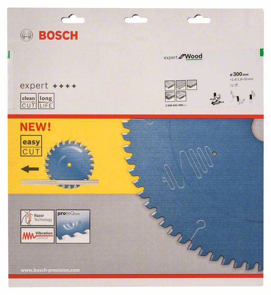 Verpackung einer Bosch-Kreissägeblatt 'Expert for Wood', betont Langlebigkeit und präzisen Schnitt. Zeigt Produktbild und Symbole.