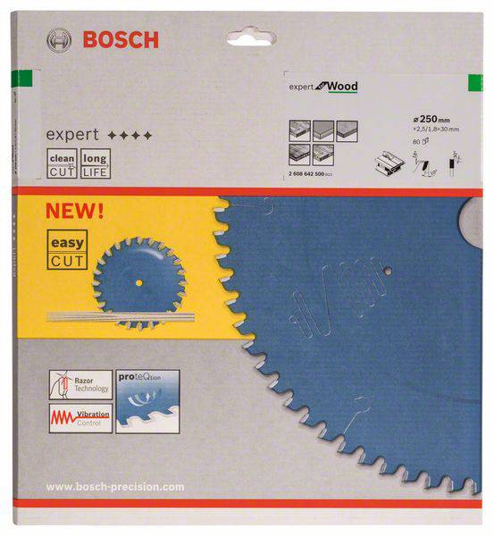 Verpackung einer Bosch Sägeblatt-Verpackung: 'expert for Wood', Durchmesser 250 mm, mit Symbolen für lange Lebensdauer und einfachem Schneiden.