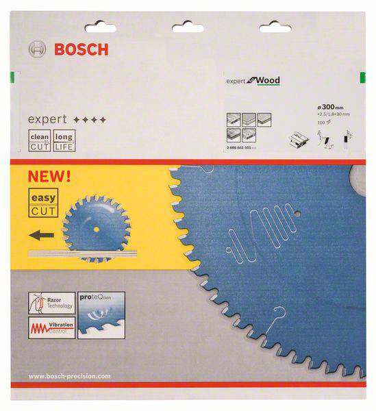 Verpackung für Bosch Sägeblatt 'expert for Wood', 300mm Durchmesser, Vermerke: 'easy cut', 'Razor Technology', 'Vibration Control'.