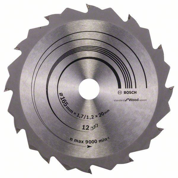 Kreissägeblatt aus Metall mit gezackten Rändern und Aufschrift 'Ø165mm x 1,7/1,2 x 20mm, n max 9000 min⁻¹', geeignet für Holz.