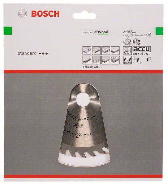 Bosch Sägeblatt-Verpackung für Holz, 165 mm Durchmesser, 20 mm Bohrung, 36 Zähne, geeignet für kabellose Werkzeuge.