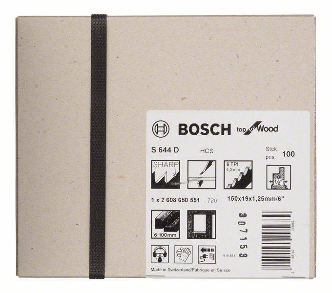 Sägeblatt-Set von Bosch, Modell 'S 644 D', für Holz, 100 Stück, hergestellt in der Schweiz, verpackt in einem rechteckigen Karton.