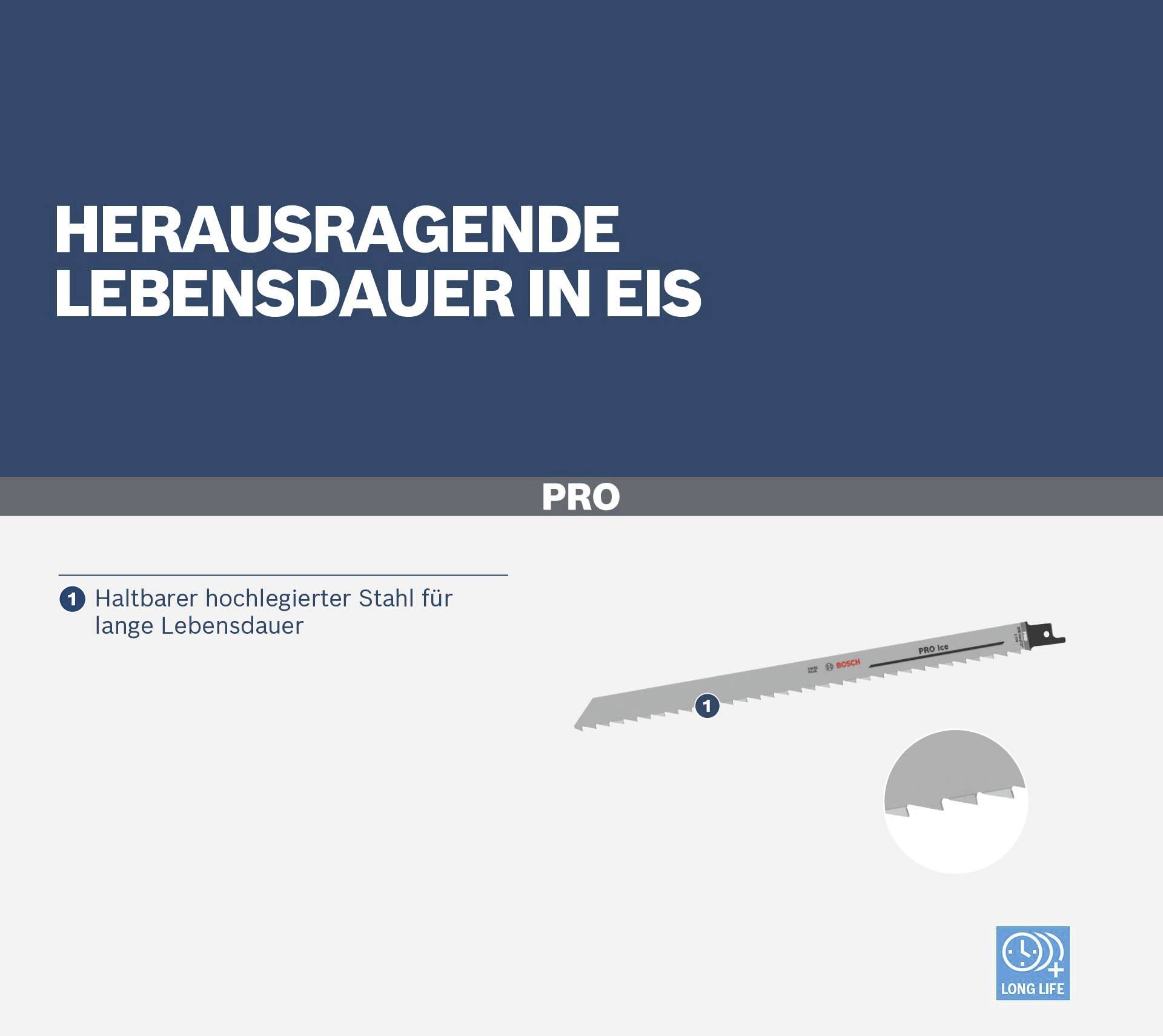 Säbelsägeblatt mit Text 'Herausragende Lebensdauer in Eis' und Hinweis auf haltbaren hochlegierten Stahl für lange Lebensdauer.