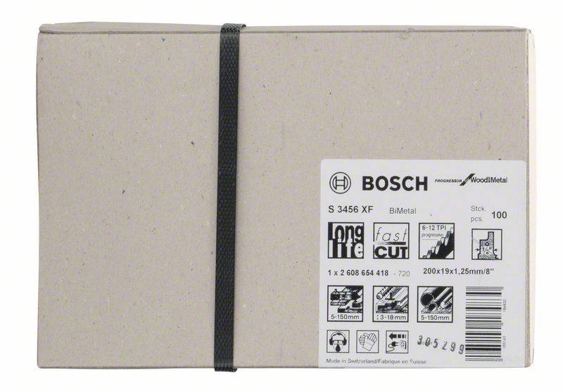 Abbildung einer Verpackung von Bosch S 3456 XF BiMetal Sägeblättern, 100 Stück, für Holz und Metall, lange Lebensdauer, schneller Schnitt.