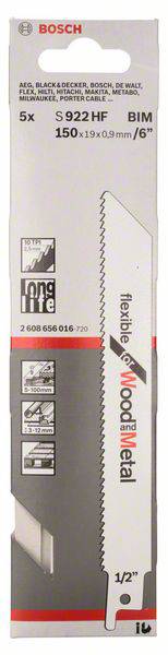 Verpackung mit Bosch Stichsägeblättern, Modell 'S 922 HF', geeignet für Holz und Metall. Mengenangabe: 5 Stück, Maße: 150 mm.