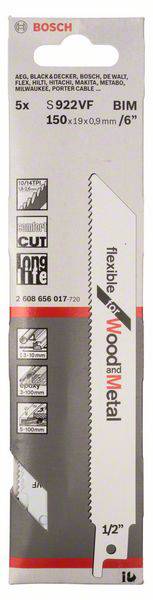 Bosch Accessories 2608656017 Säbelsägeblatt S 922 VF, Flexible for Wood and Metal, 5er-Pack Sägeblatt-Länge 150mm 5St.