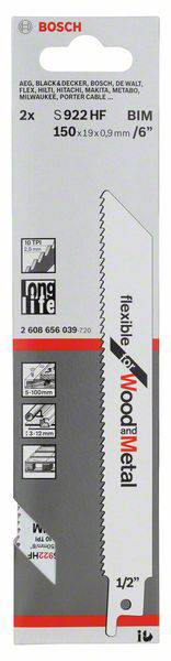 Sägeblatt-Verpackung von Bosch für flexible Metall- und Holzschnitte, Type S 922 HF, 150 mm lang.