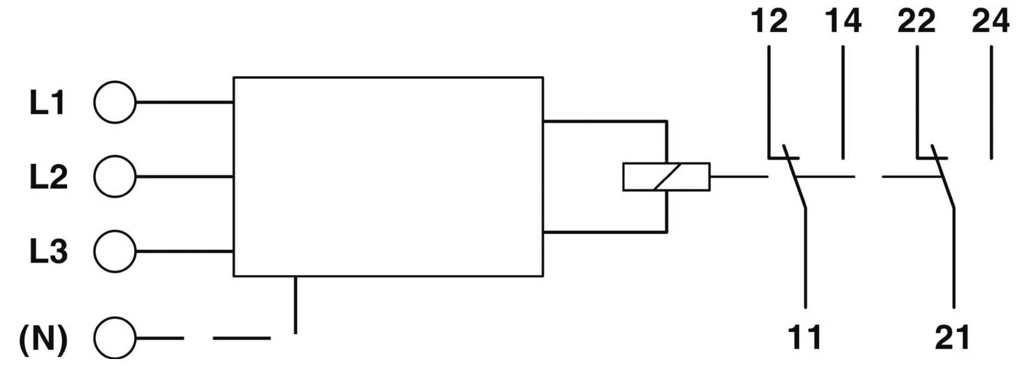 Schaltplan mit Anschlüssen: L1, L2, L3, N verbunden mit einem Schalter; nummerierte Anschlüsse umfassen 11, 12, 14, 21, 22, 24.