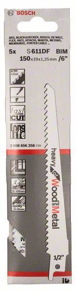 Sägeblätter von Bosch S611DF BIM, 5 Stück, geeignet für Holz und Metall. Größe: 150 mm x 19 mm x 1,25 mm, schneller Schnitt.