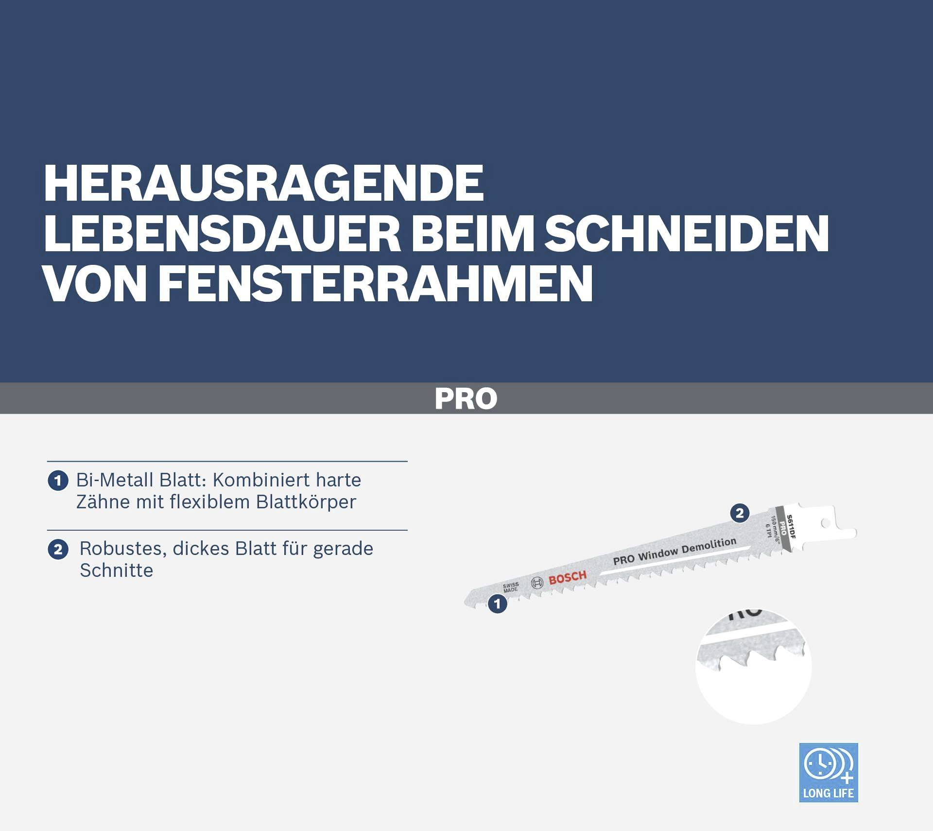 Sägeblatt für Fensterrahmen: 'Herausragende Lebensdauer'. Bi-Metall-Blatt kombiniert harte Zähne mit flexiblem Körper, robust und dick.
