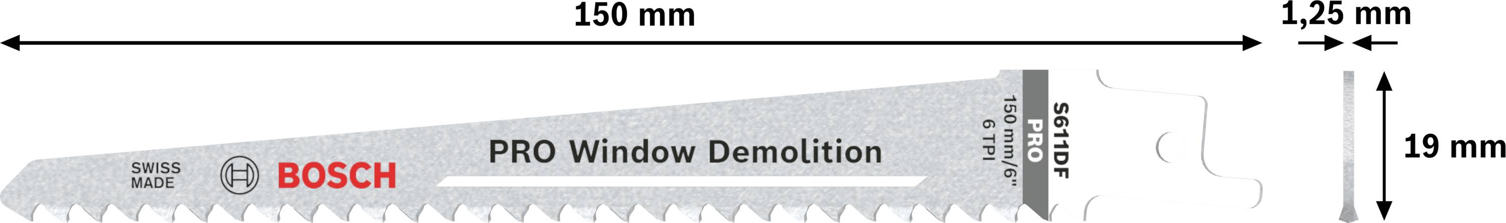 Säbelsägeblatt für Fensterdemontage, Länge 150 mm, Kolbenhöhe 19 mm, Kolbenzahnhöhe 1,25 mm, Hersteller Bosch, Modellname PRO Window Demolition.