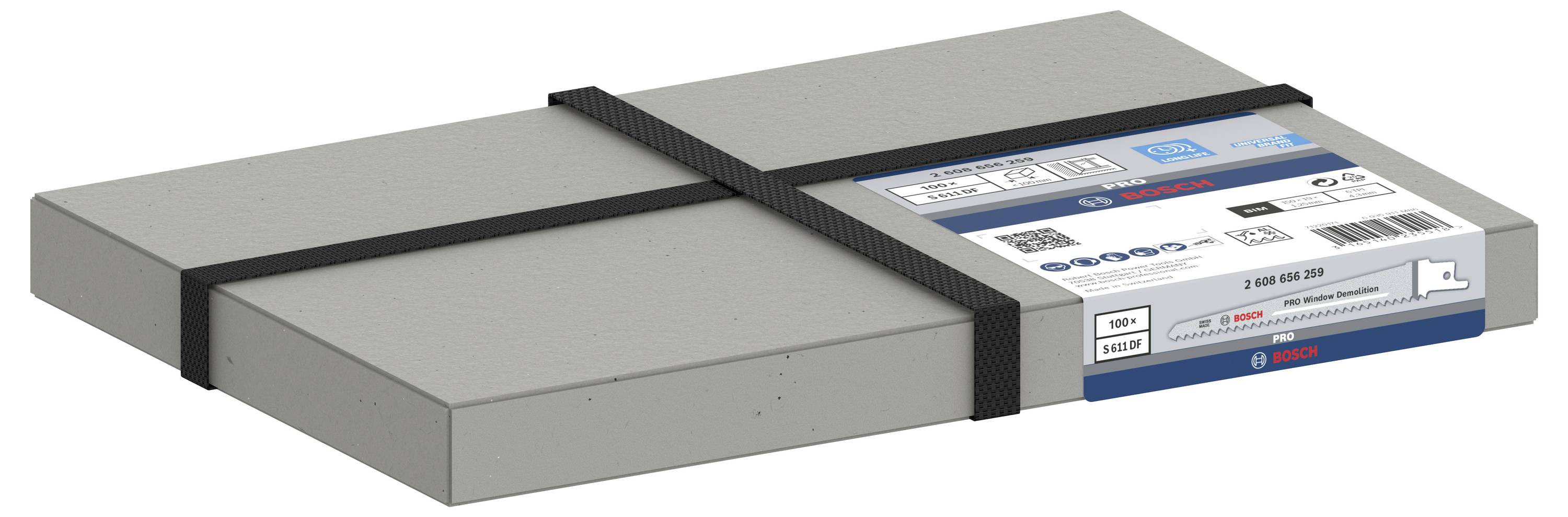 Grauer Metallkoffer mit Bosch-Logo und Produktinformationen, gesichert mit zwei schwarzen Riemen. Verpackung für Werkzeuge.