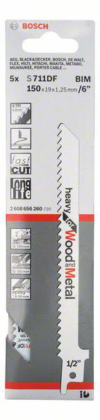 Bosch Accessories 2608656260 Säbelsägeblatt S 711 DF, Heavy for Wood and Metal, 5er-Pack Sägeblatt-Länge 150 mm 5 St.
