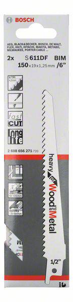 Eine Bosch-Säbelsägeklinge auf einer Verpackung. Die Klinge ist für Holz und Metall geeignet, mit einer Länge von 150 mm.