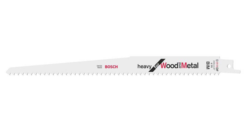 Sägeblatt für Säbelsägen, geeignet für Holz und Metall, von der Marke Bosch, gekennzeichnet mit 'heavy for Wood & Metal 1411x'.