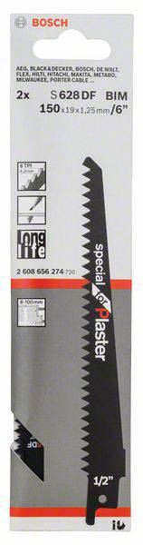 Verpackung einer Bosch Sägeblatt-Packung, Modell 'S 628 DF BIM', geeignet für Gips. Zeigt Bild des Sägeblatts und technische Specs.