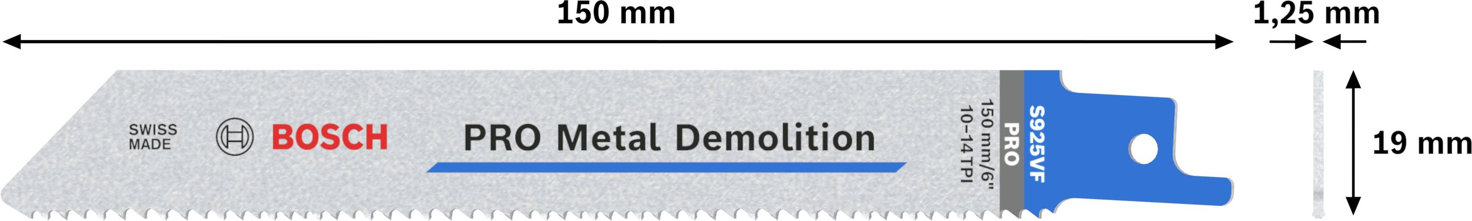 Säbelsägeblatt, Modell 'Bosch Pro Metal Demolition', Länge 150 mm, Breite 19 mm, geeignet für Metallzerspanung.