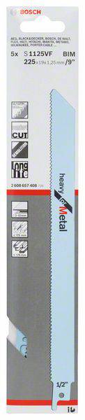 Verpackung einer Bosch Heavy Metal Sägeblattpackung, Typ S 1125 VF, 5 Stück. Geeignet für Metall, mit Symbolen für Schnittarten.