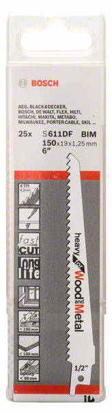 Bosch Accessories 2608657561 Säbelsägeblatt S 611 DF, Heavy for Wood and Metal, 25er-Pack Sägeblatt-Länge 150 mm 25 St.