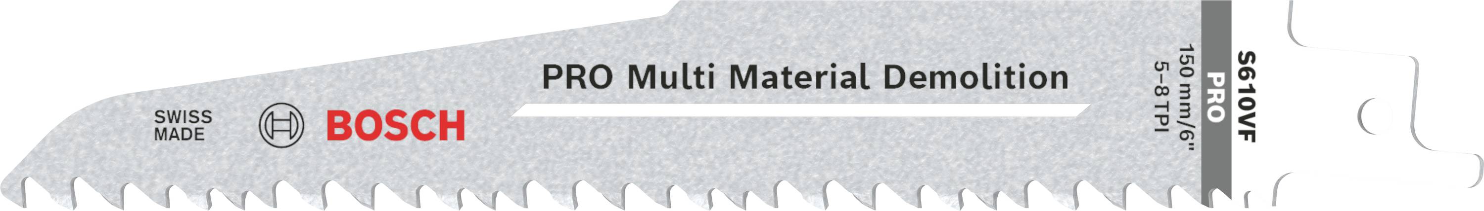 Säbelsägeblatt mit Aufschrift 'PRO Multi Material Demolition', Marke Bosch, Modell S611DF, für vielseitige Materialabrissarbeiten.