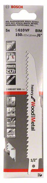 Bosch Sägeblatt-Set S 610VF für Holz und Metall, 5 Stück, 150x22x1,6 mm. Bilder zeigen Anwendungen wie Holz- und Metallbearbeitung.