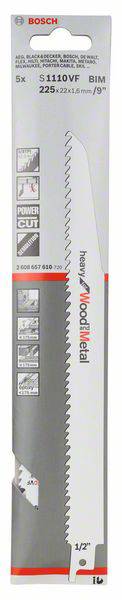 Sägeblatt in Verpackung, Marke Bosch. Modell S 1110 VF BIM, 225mm, für Holz und Metall, Abbildungen zeigen Anwendungsbeispiele.