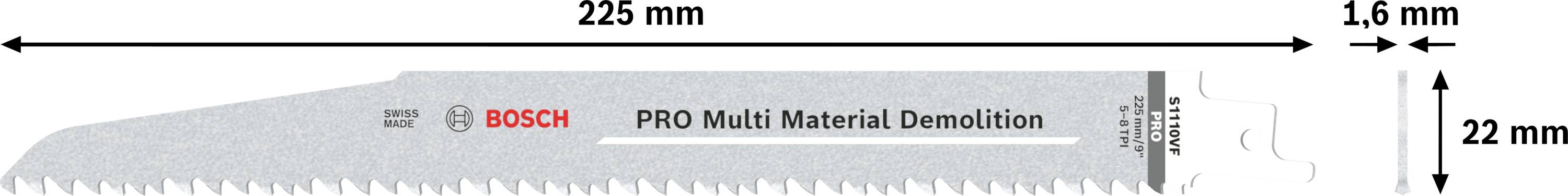 Säbelsägeblatt 'BOSCH PRO Multi Material Demolition', 225 mm lang, 1,5 mm dick, 22 mm breit.