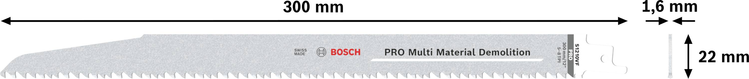 Säbelsägeblatt; Länge 300 mm, Breite 22 mm, Dicke 1,5 mm; geeignet für vielseitigen Abriss; Marke: Bosch.