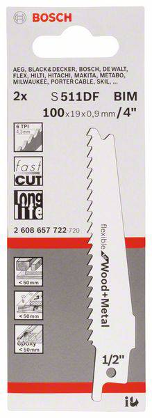 Bosch Säbelsägeblatt S 511 DF, 100 x 19 x 0,9 mm, 2er-Pack Accessories 260865772
