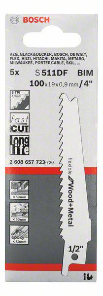 Bosch Accessories 2608657723 Säbelsägeblatt S 511 DF, Flexible for Wood and Metal, 5er-Pack Sägeblatt-Länge 100 mm 5 St.