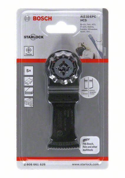 Verpackung eines Bosch Starlock Sägeblatt-Aufsatzes, Modell 'AIZ 32 EPC'. Beworben werden Präzision, Kompatibilität mit Bosch, Fein und anderen Multitools.