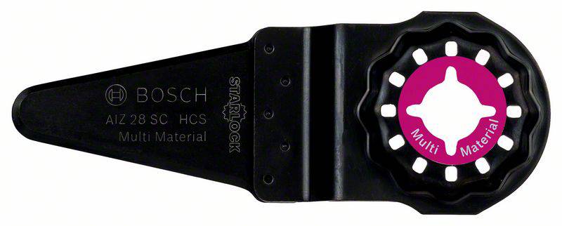 Ein oszillierendes Sägeblatt von Bosch, Modell AIZ 28 SC für Multi-Material-Anwendungen, mit Starlock-Befestigungssystem.