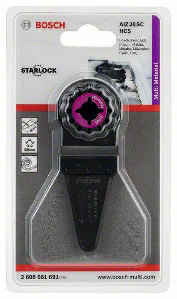 Verpackung eines Bosch Starlock Multi-Material Sägeblatts, Typ AIZ 28 SC HCS, gezeigt in Kunststoffverpackung mit Produktdetails.