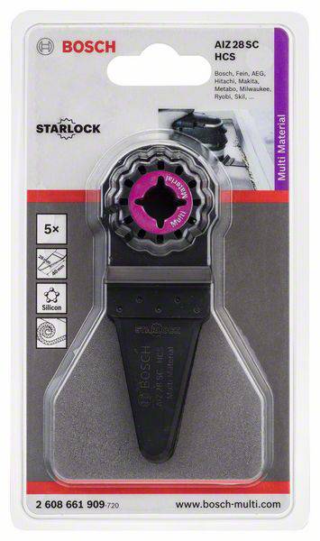 Verpackung eines Bosch AIZ 28 SC Starlock-Sägeblatts für Multitools. Kompatibel mit Marken wie Bosch, Fein, AEG. Enthält 5 Sägeblätter.