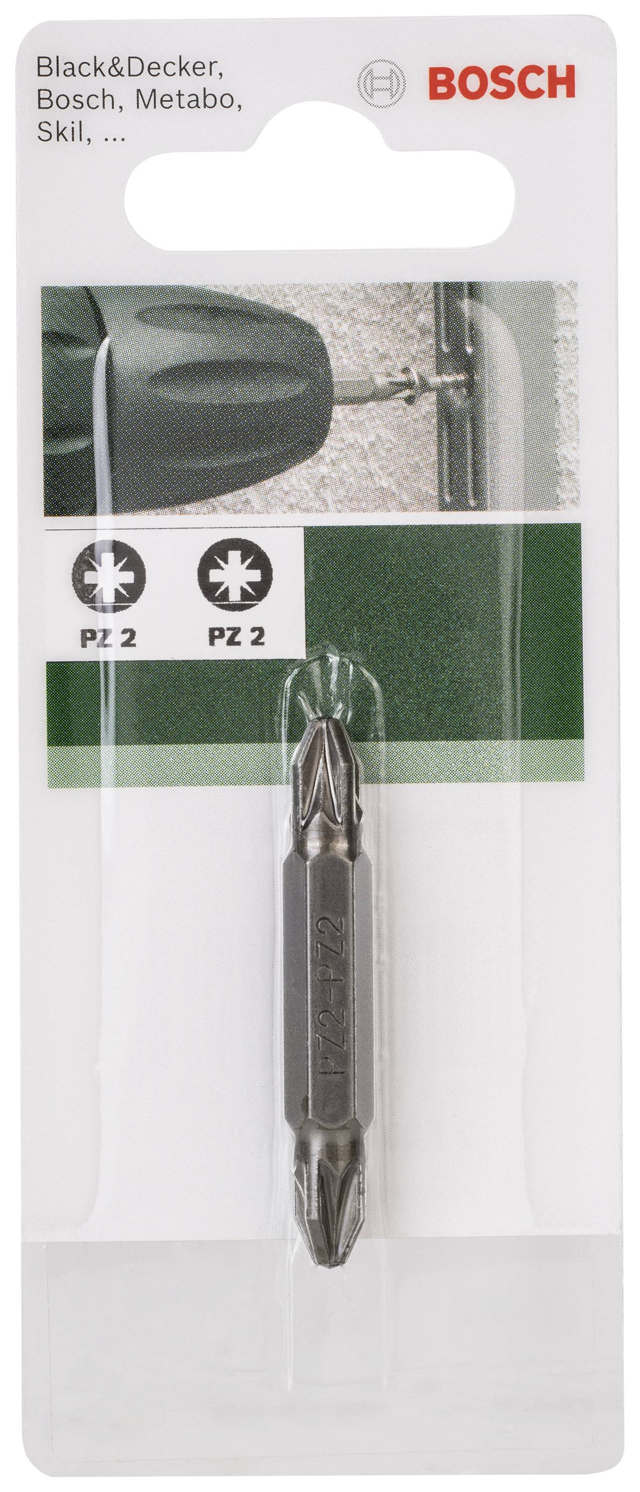 Eine Bosch Doppelschrauber-Bitpackung PZ2 für Marken wie Black&Decker und Skil. Verpackungsaufdruck zeigt Anwendungsbeispiel.