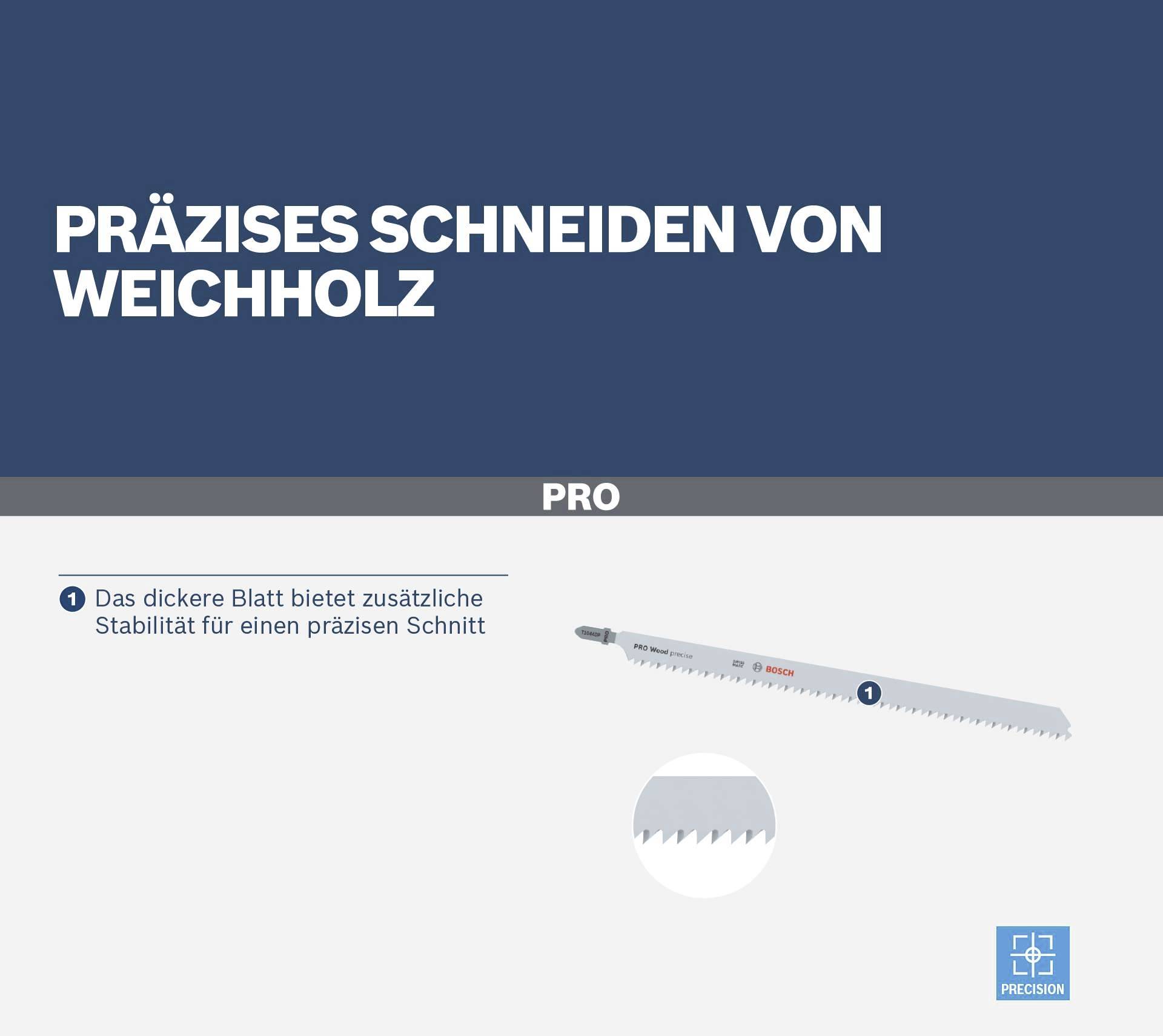 Die Abbildung zeigt eine Sägeklinge mit der Aufschrift 'Präzises Schneiden von Weichholz', betont Stabilität und Präzision beim Schneiden.