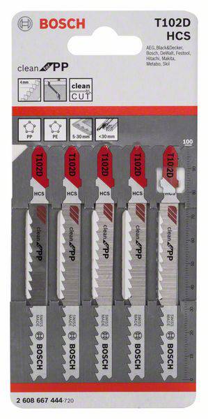 5 Bosch T102D HCS Stichsägeblätter in Verpackung, geeignet für saubere Schnitte in Holzmaterialien, mit Maßskala auf der rechten Seite.